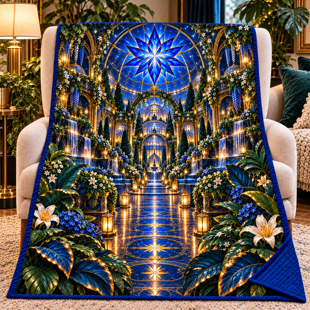 Midnight Garden Palace Quilt Blanket with printed optical 3D artwork in its use setting