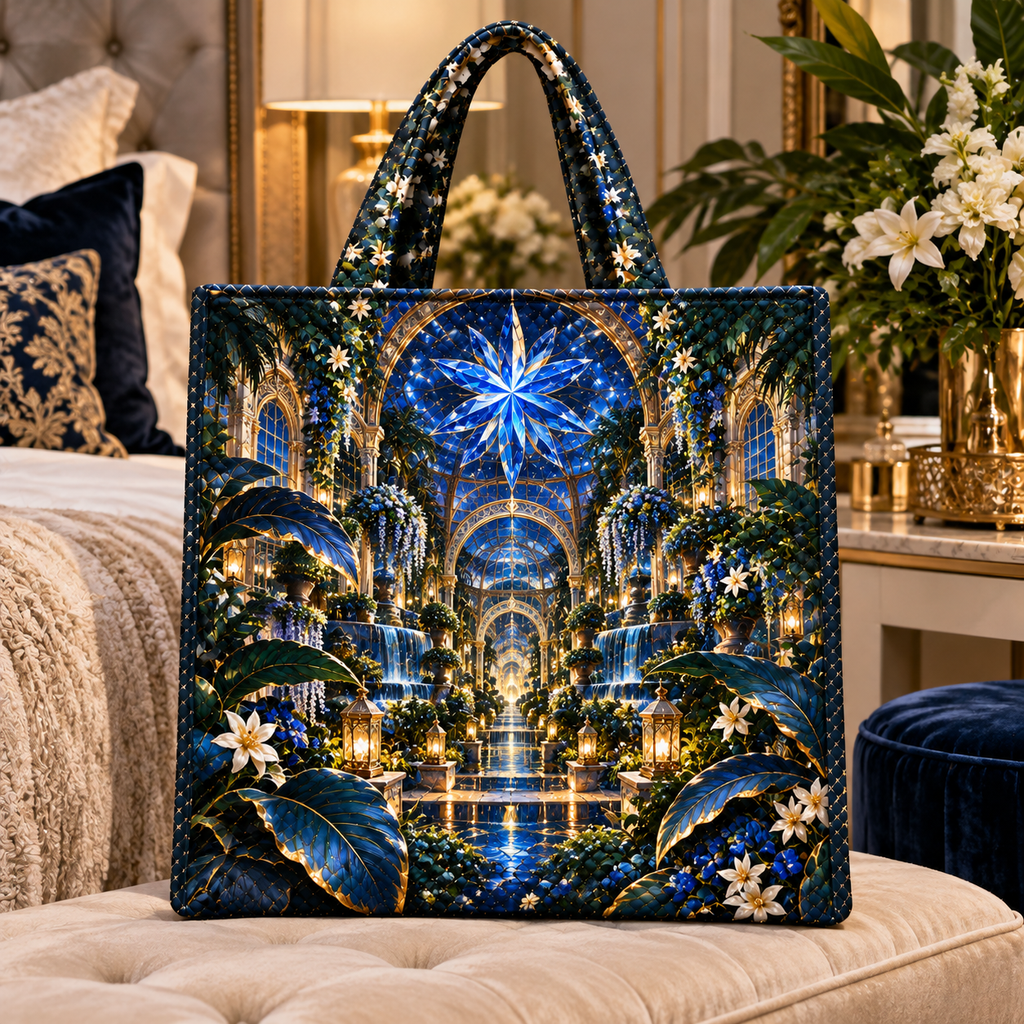 Midnight Garden Palace Quilted Tote Bag with printed optical 3D artwork in its use setting