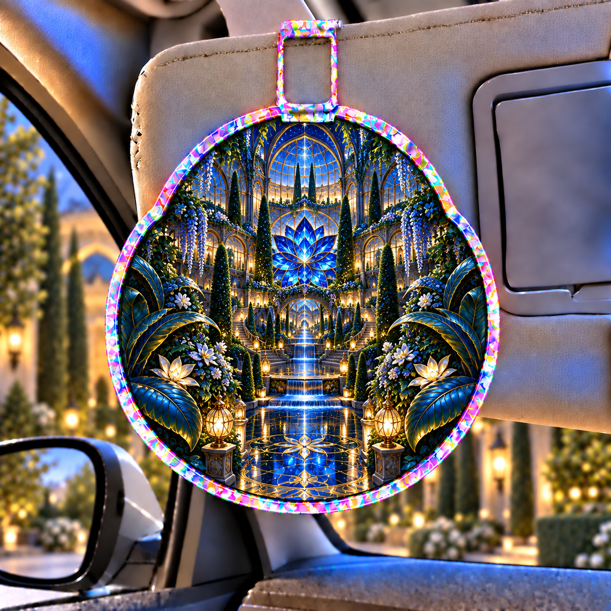 Midnight Garden Palace Holographic Car Visor Clip with printed optical 3D artwork in its use setting