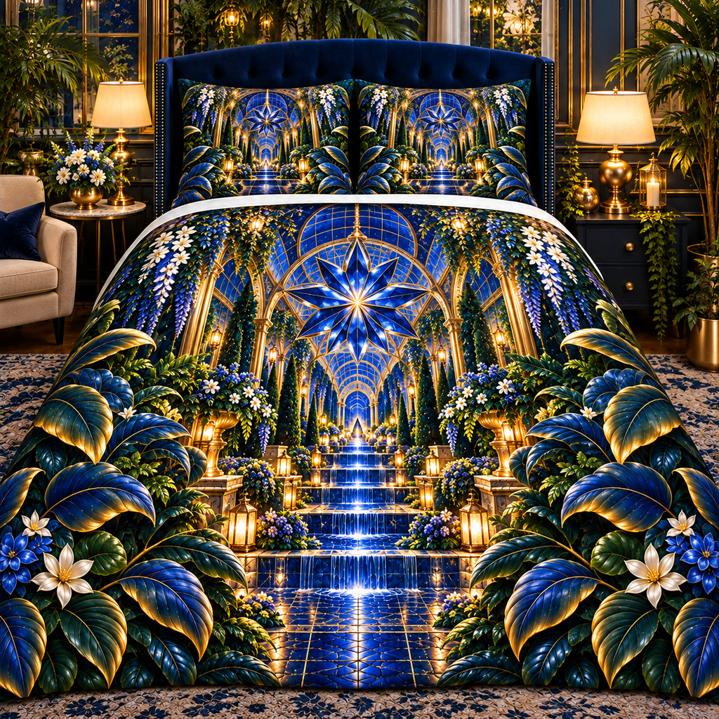 Celestial Garden Atrium Quilted Bedding Set with printed optical 3D artwork in its use setting