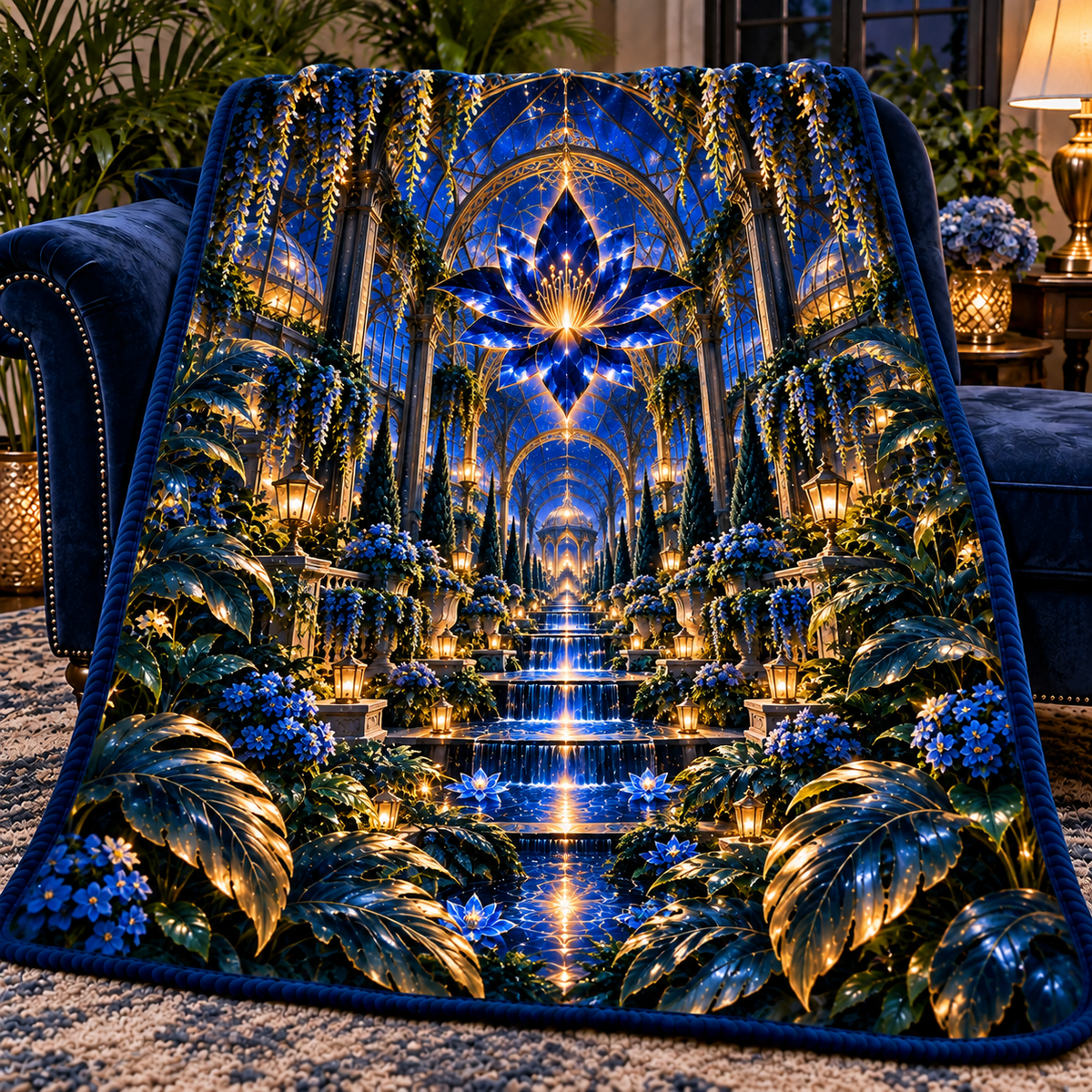 Celestial Garden Atrium Sherpa & Fleece Blanket with printed optical 3D artwork in its use setting