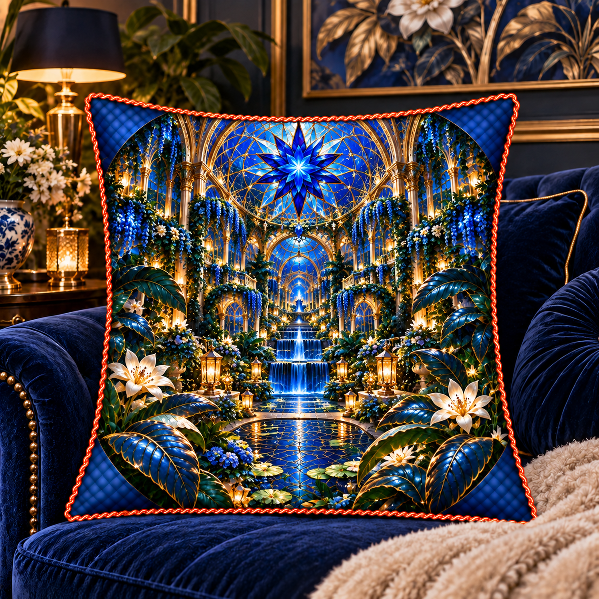 Celestial Garden Atrium Quilted Cushion Cover with printed optical 3D artwork in its use setting