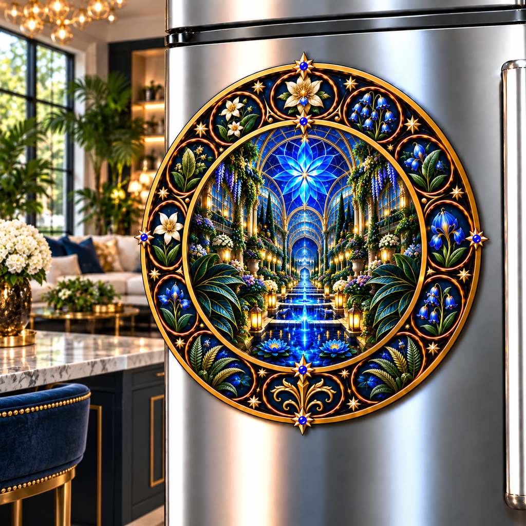 Celestial Garden Atrium Acrylic Refrigerator Magnet with printed optical 3D artwork in its use setting