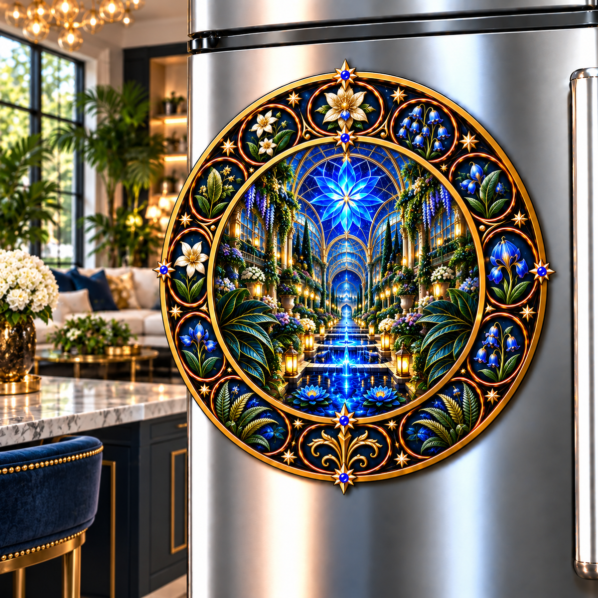 Celestial Garden Atrium Acrylic Refrigerator Magnet with printed optical 3D artwork in its use setting
