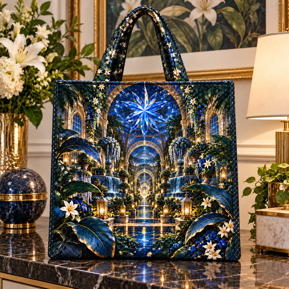 Celestial Garden Atrium Quilted Tote Bag with printed optical 3D artwork in its use setting