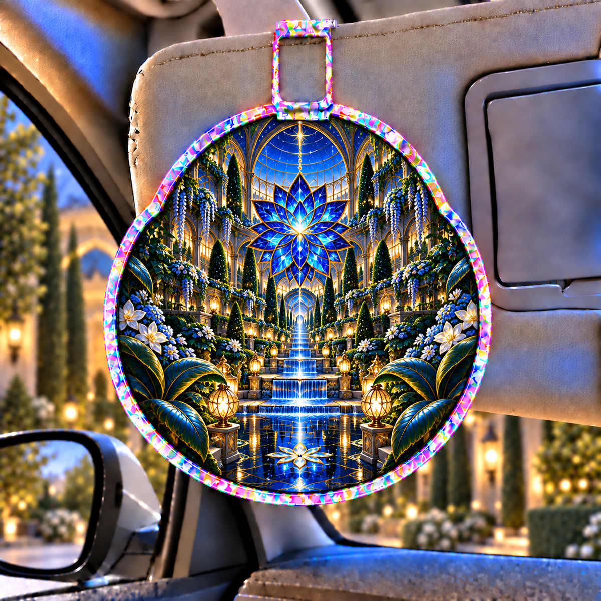 Celestial Garden Atrium Holographic Car Visor Clip with printed optical 3D artwork in its use setting