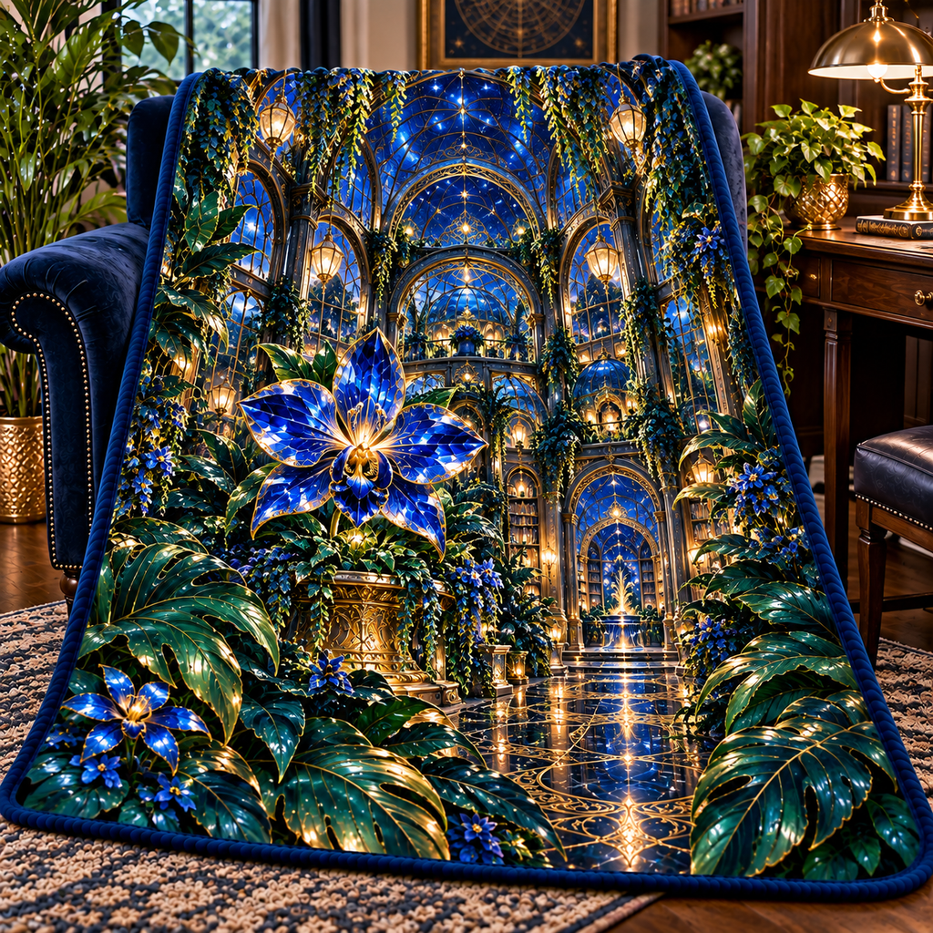 Celestial Botanical Study Sherpa & Fleece Blanket with printed optical 3D artwork in its use setting