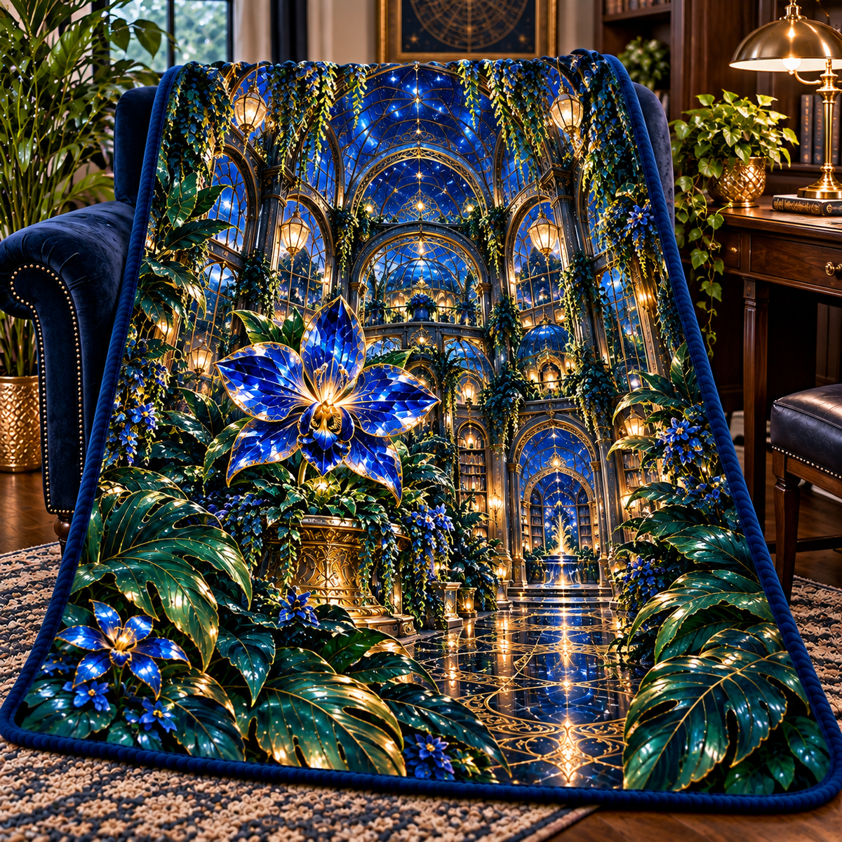 Celestial Botanical Study Sherpa & Fleece Blanket with printed optical 3D artwork in its use setting