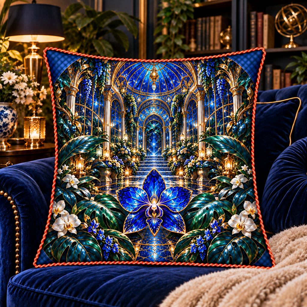 Celestial Botanical Study Quilted Cushion Cover with printed optical 3D artwork in its use setting