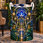 Celestial Botanical Study Laundry Hamper with printed optical 3D artwork in its use setting