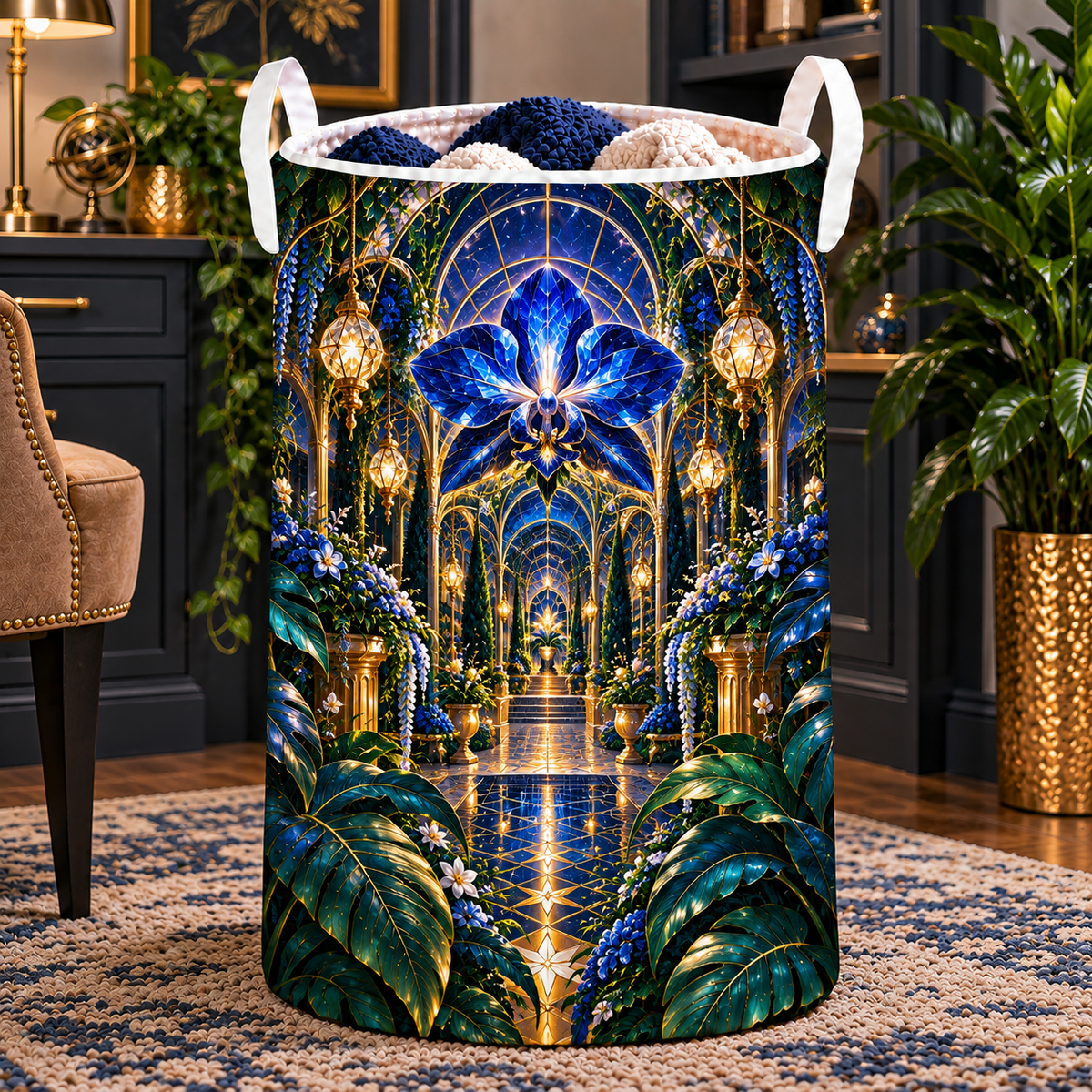 Celestial Botanical Study Laundry Hamper with printed optical 3D artwork in its use setting