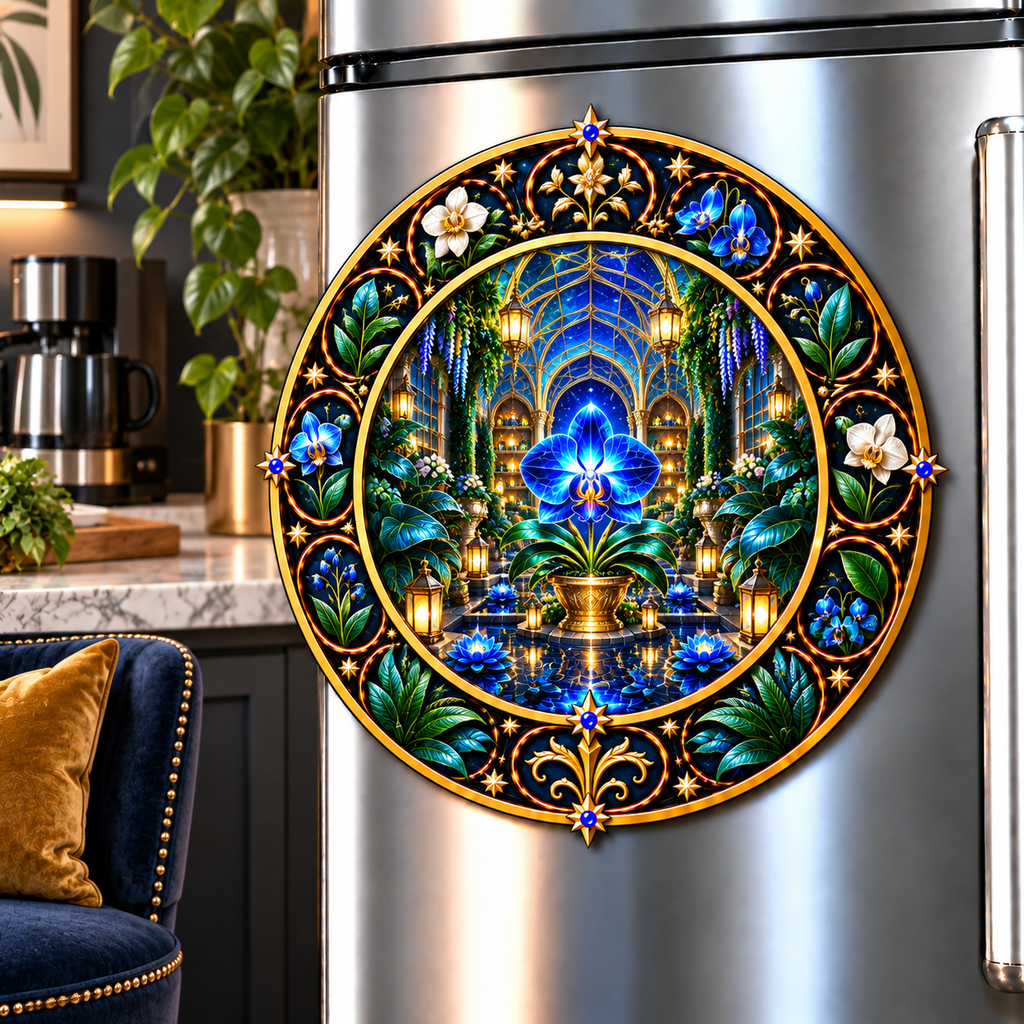 Celestial Botanical Study Acrylic Refrigerator Magnet with printed optical 3D artwork in its use setting