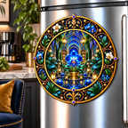 Celestial Botanical Study Acrylic Refrigerator Magnet with printed optical 3D artwork in its use setting