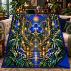 Celestial Botanical Study Quilt Blanket with printed optical 3D artwork in its use setting