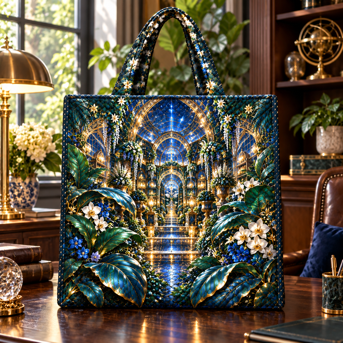 Celestial Botanical Study Quilted Tote Bag with printed optical 3D artwork in its use setting