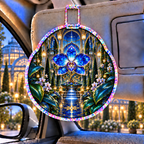 Celestial Botanical Study Holographic Car Visor Clip with printed optical 3D artwork in its use setting