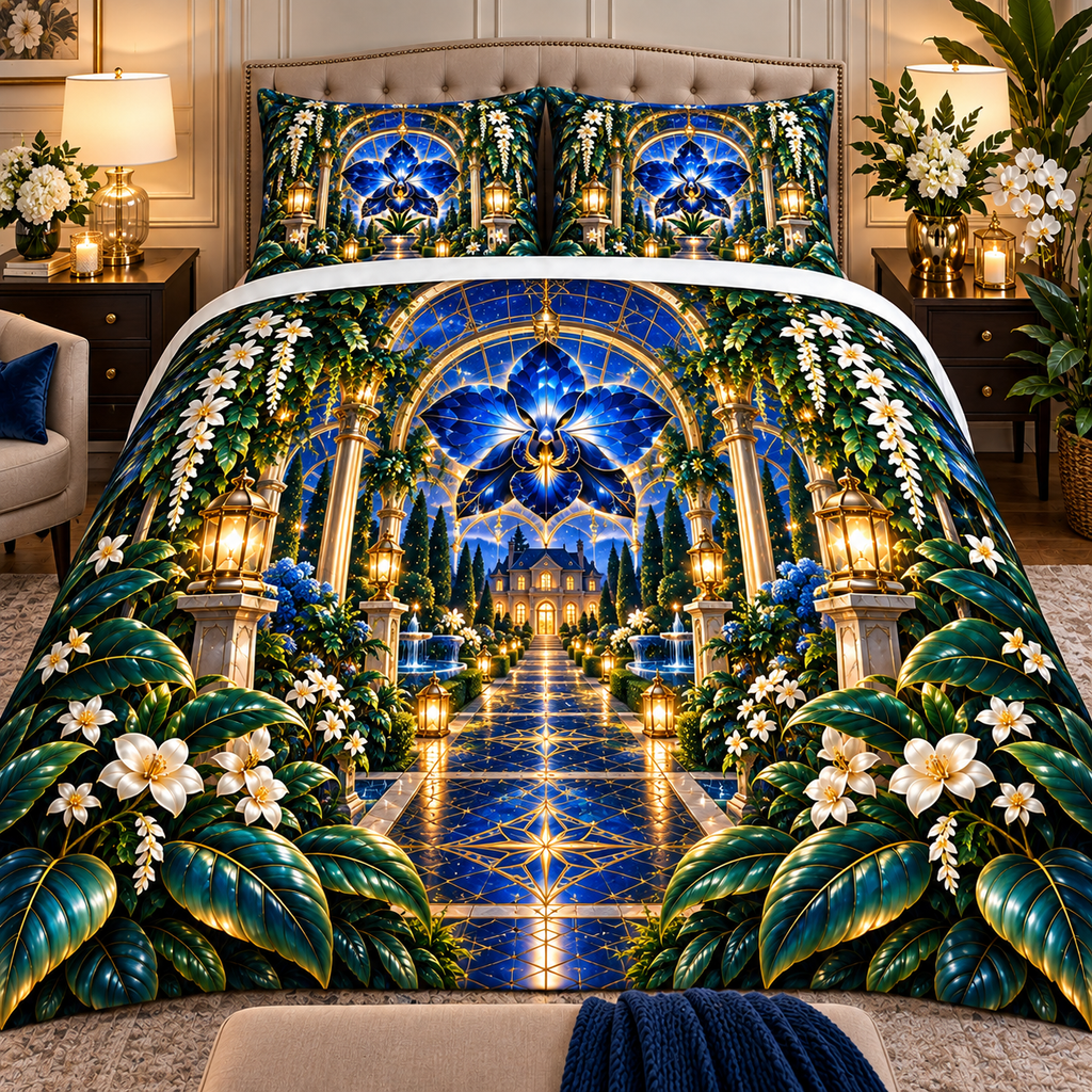 Celestial Welcome Garden Quilted Bedding Set with printed optical 3D artwork in its use setting