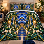 Celestial Welcome Garden Quilted Bedding Set with printed optical 3D artwork in its use setting