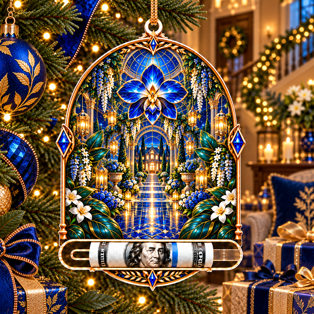 Celestial Welcome Garden Acrylic Cash Holder Ornament with printed optical 3D artwork in its use setting
