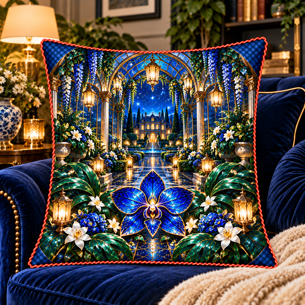 Celestial Welcome Garden Quilted Cushion Cover with printed optical 3D artwork in its use setting