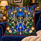 Celestial Welcome Garden Quilted Cushion Cover with printed optical 3D artwork in its use setting