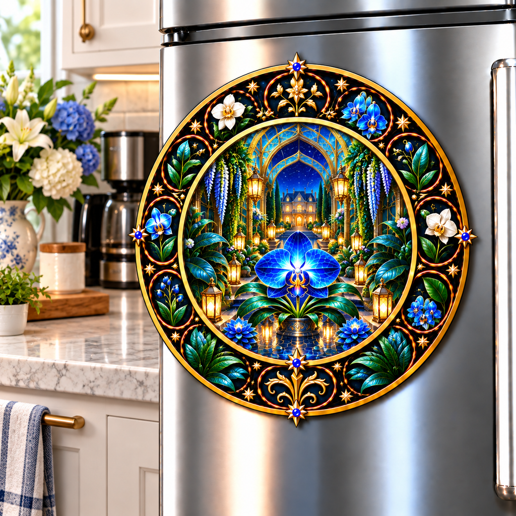 Celestial Welcome Garden Acrylic Refrigerator Magnet with printed optical 3D artwork in its use setting