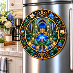 Celestial Welcome Garden Acrylic Refrigerator Magnet with printed optical 3D artwork in its use setting