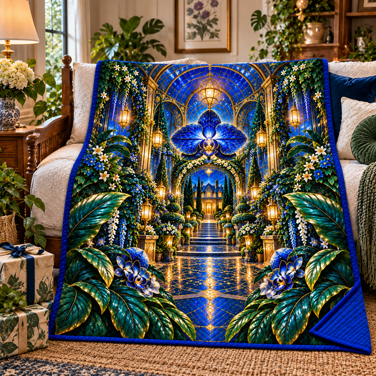 Celestial Welcome Garden Quilt Blanket with printed optical 3D artwork in its use setting