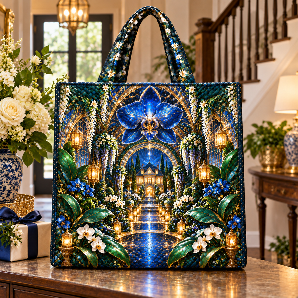 Celestial Welcome Garden Quilted Tote Bag with printed optical 3D artwork in its use setting