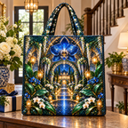 Celestial Welcome Garden Quilted Tote Bag with printed optical 3D artwork in its use setting