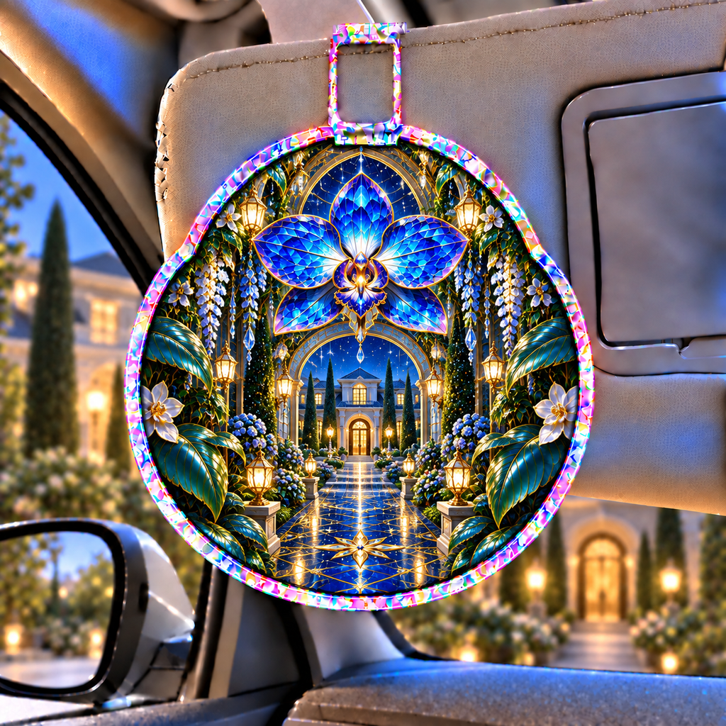 Celestial Welcome Garden Holographic Car Visor Clip with printed optical 3D artwork in its use setting