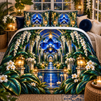Celestial Garden Retreat Quilted Bedding Set with printed optical 3D artwork in its use setting