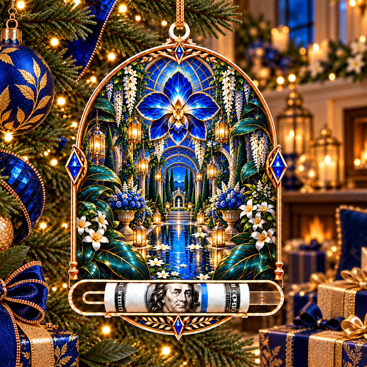 Celestial Garden Retreat Acrylic Cash Holder Ornament with printed optical 3D artwork in its use setting