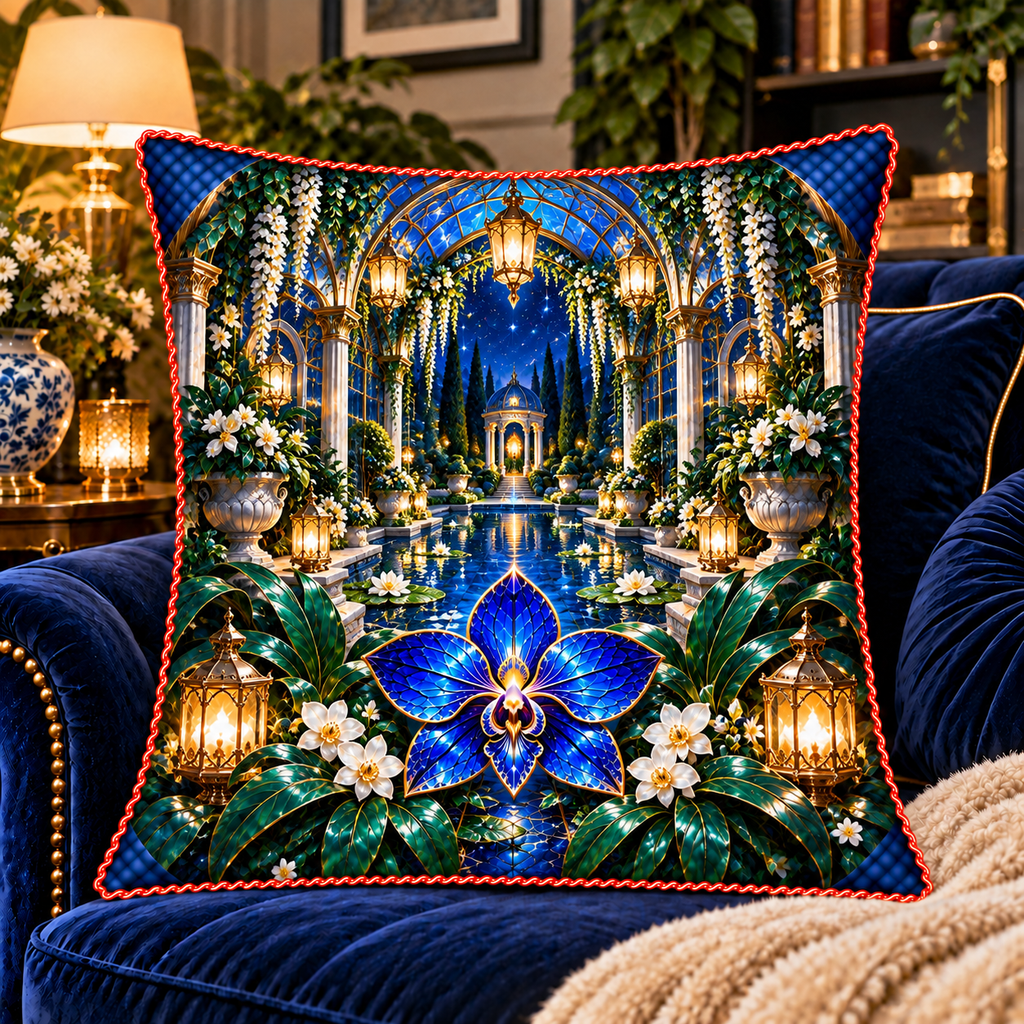 Celestial Garden Retreat Quilted Cushion Cover with printed optical 3D artwork in its use setting