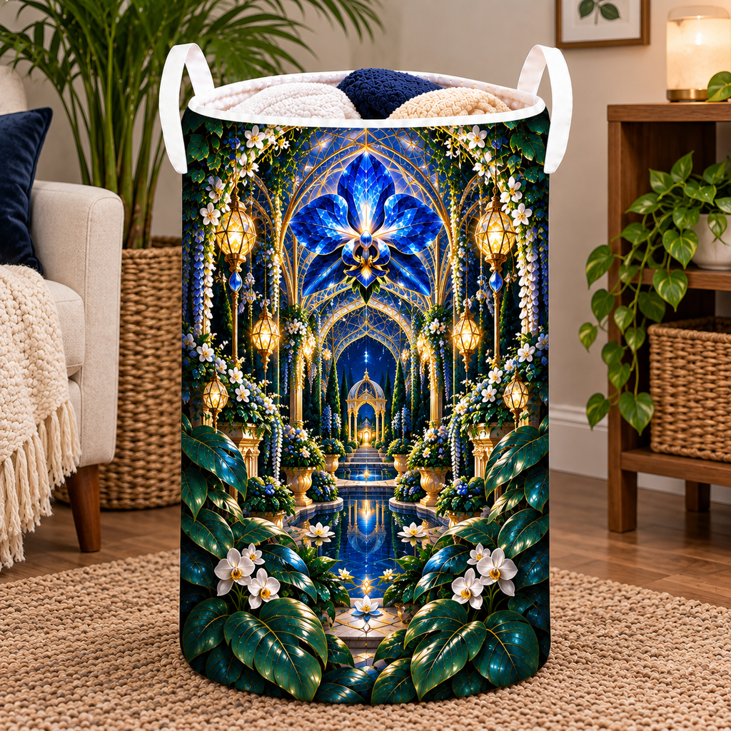 Celestial Garden Retreat Laundry Hamper with printed optical 3D artwork in its use setting