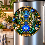 Celestial Garden Retreat Acrylic Refrigerator Magnet with printed optical 3D artwork in its use setting