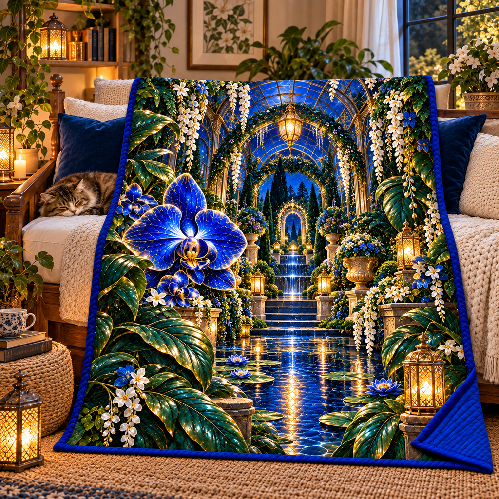 Celestial Garden Retreat Quilt Blanket with printed optical 3D artwork in its use setting