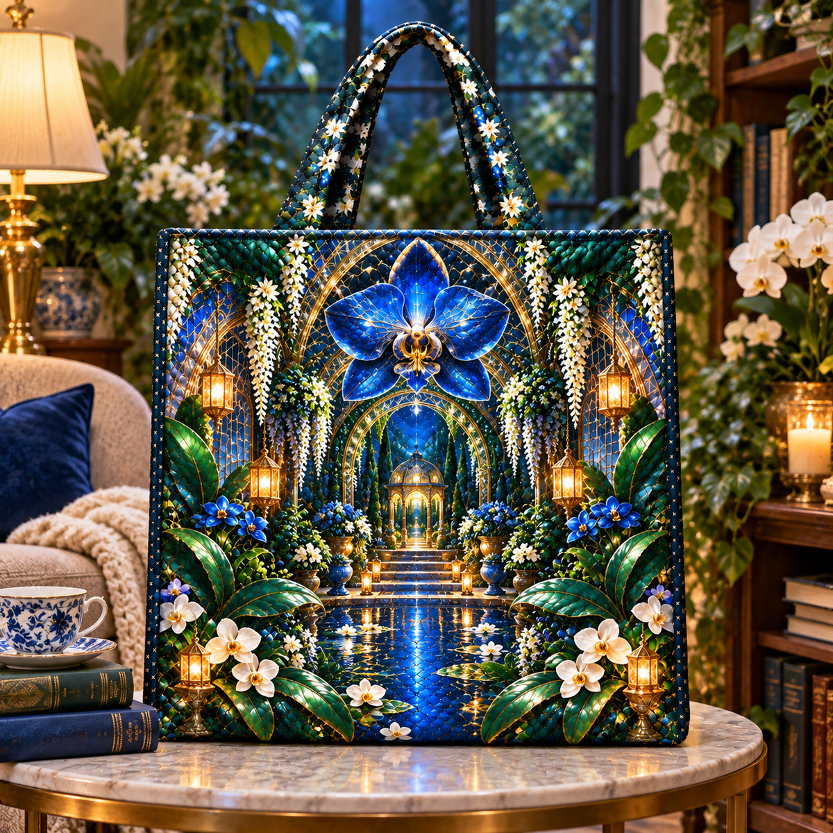 Celestial Garden Retreat Quilted Tote Bag with printed optical 3D artwork in its use setting