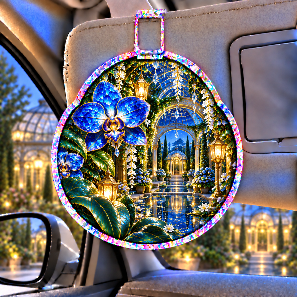 Celestial Garden Retreat Holographic Car Visor Clip with printed optical 3D artwork in its use setting