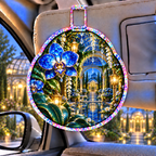 Celestial Garden Retreat Holographic Car Visor Clip with printed optical 3D artwork in its use setting