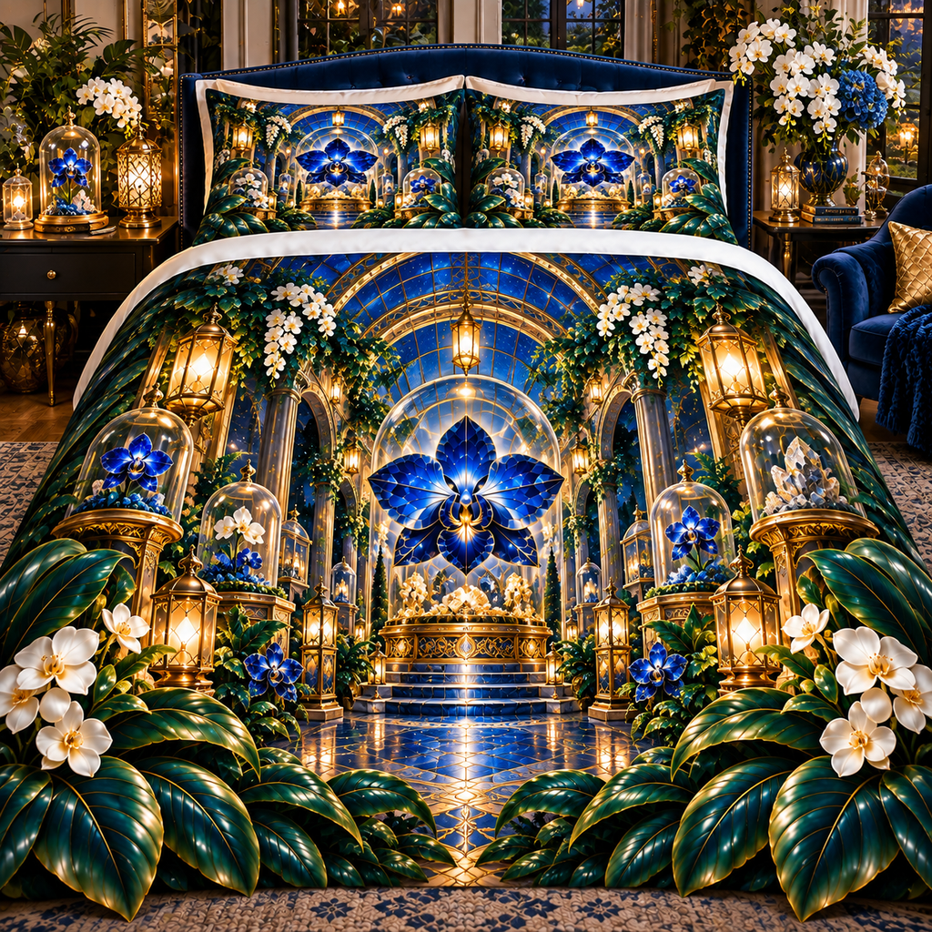 Celestial Orchid Treasury Quilted Bedding Set with printed optical 3D artwork in its use setting
