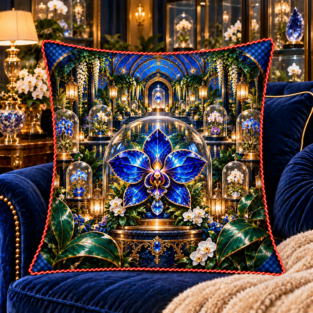 Celestial Orchid Treasury Quilted Cushion Cover with printed optical 3D artwork in its use setting