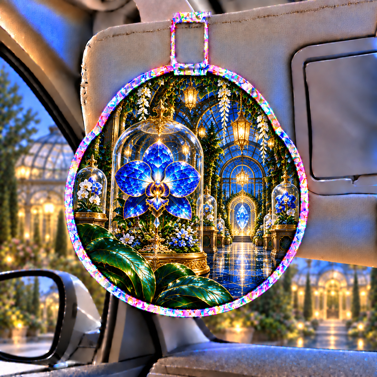 Celestial Orchid Treasury Holographic Car Visor Clip with printed optical 3D artwork in its use setting