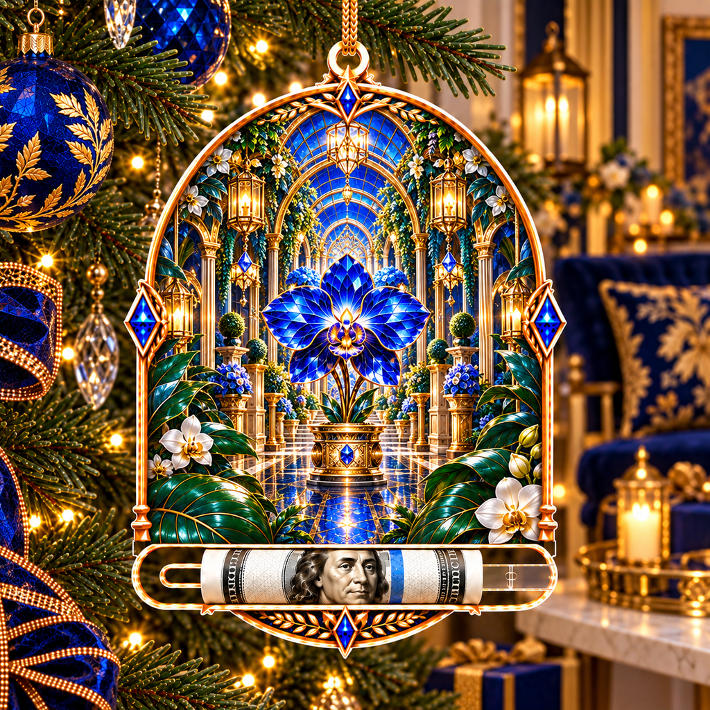Celestial Gallery Garden Acrylic Cash Holder Ornament with printed optical 3D artwork in its use setting