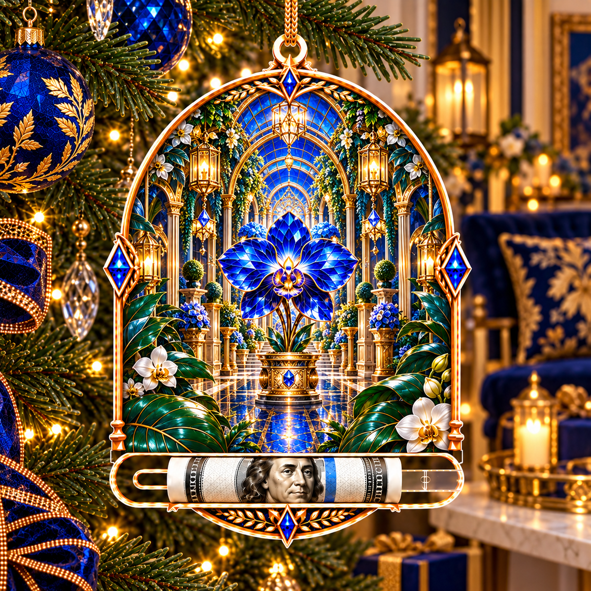 Celestial Gallery Garden Acrylic Cash Holder Ornament with printed optical 3D artwork in its use setting