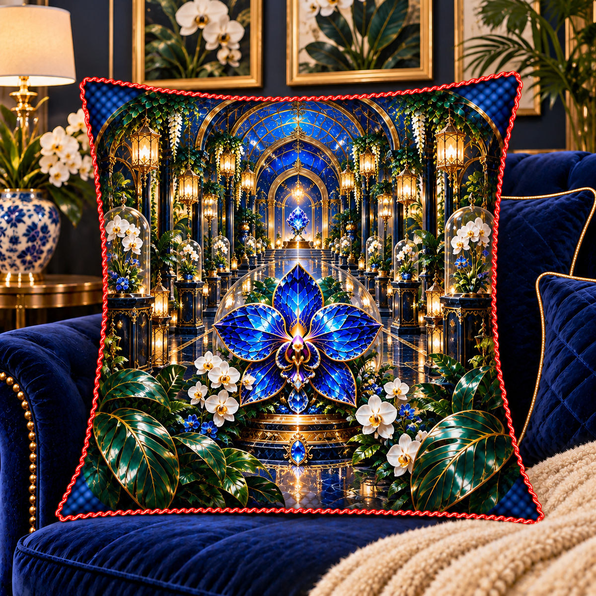 Celestial Gallery Garden Quilted Cushion Cover with printed optical 3D artwork in its use setting