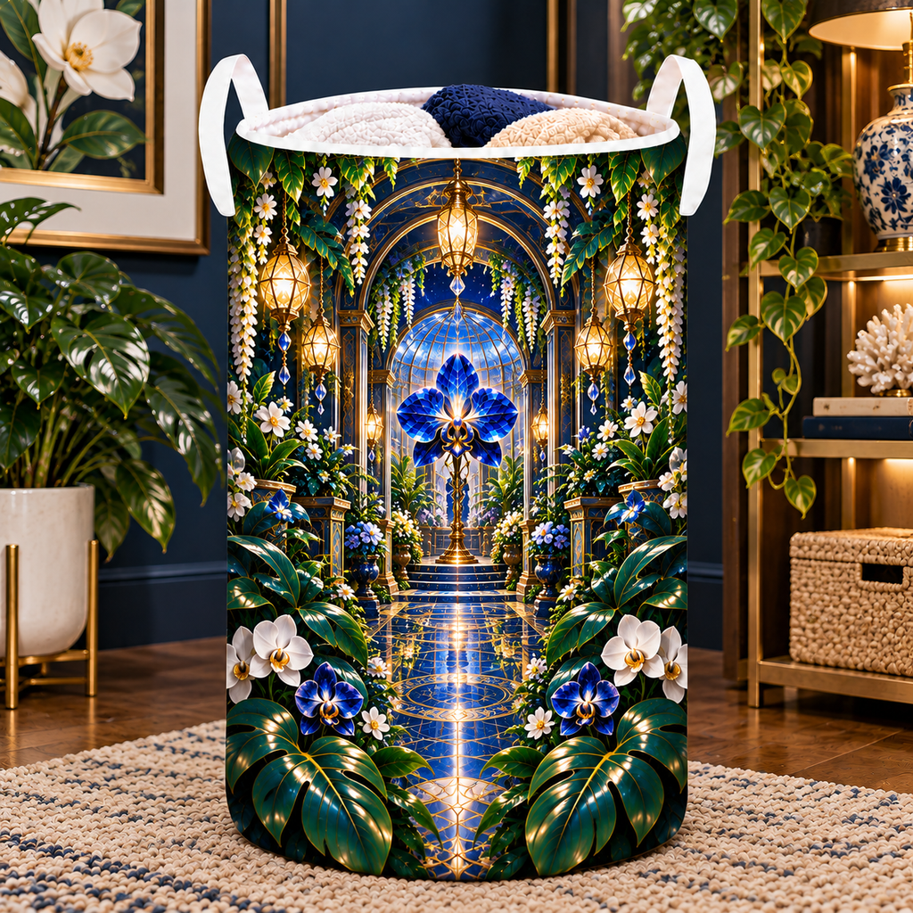 Celestial Gallery Garden Laundry Hamper with printed optical 3D artwork in its use setting