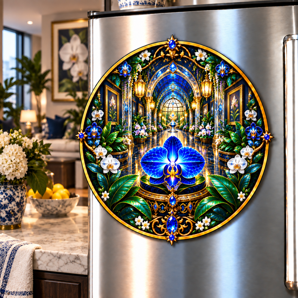 Celestial Gallery Garden Acrylic Refrigerator Magnet with printed optical 3D artwork in its use setting