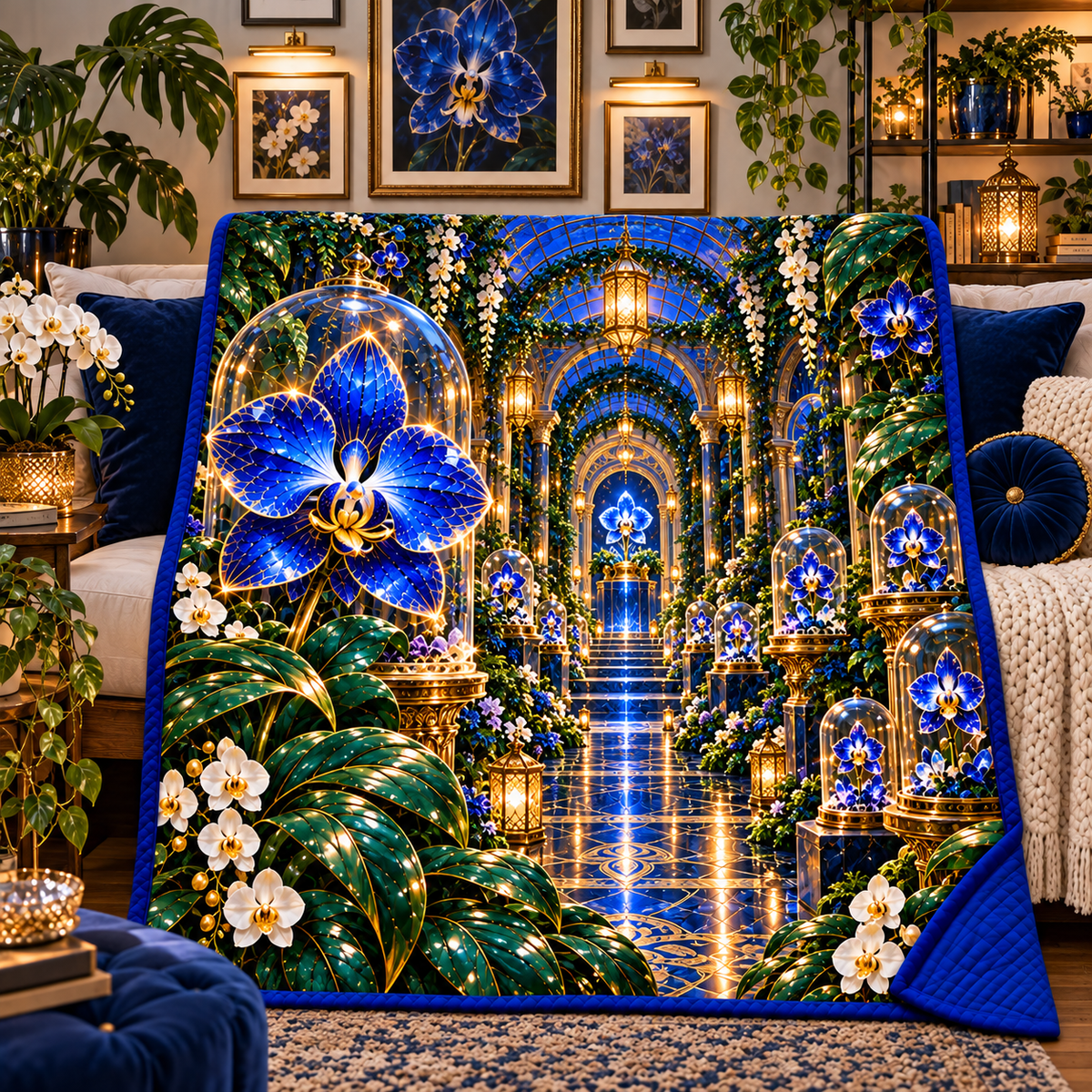 Celestial Gallery Garden Quilt Blanket with printed optical 3D artwork in its use setting