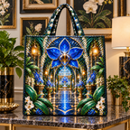 Celestial Gallery Garden Quilted Tote Bag with printed optical 3D artwork in its use setting